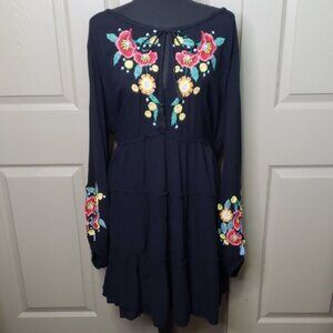 Free People Long Sleeve Black Dress with Colorful Floral Embroidery Size Large